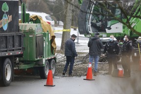 The scene after a worker now identified as Daniel Vanheyst, 22, was killed using a wood chipper in Oshawa on Wednesday, March 16, 2022.