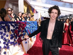 Timothee Chalamet poses on the red carpet during the Oscars arrivals at the 94th Academy Awards in Hollywood, Los Angeles, Calif., March 27, 2022.