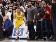 Russell Westbrook of the Los Angeles Lakers celebrates a game-tying basket to send the game into overtime during the second half of their NBA game against the Toronto Raptors at Scotiabank Arena on March 18, 2022 in Toronto.