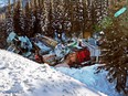 Wreckage of a CP Rail train, including a locomotive, east of Field, B.C., on Monday, Feb. 4, 2019. Three employees died in the derailment.