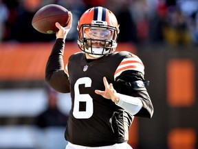 Baker Mayfield of the Cleveland Browns throws a pass against the Baltimore Ravens in the first quarter at FirstEnergy Stadium on December 12, 2021 in Cleveland, Ohio.