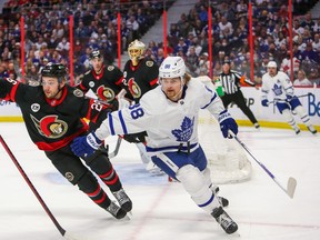 William Nylander, battling for ice space with Erik Brannstrom of the Senators last weekend, said he was “pissed” when he watched video of himself during an unproductive stretch and has since begun moving his feet more.