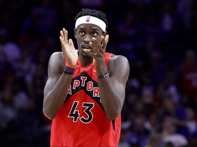 Pascal Siakam #43 of the Toronto Raptors reacts in the fourth quarter against the Philadelphia 76ers during Game Five in Philadelphia on Monday night.