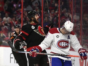Ottawa Senators centre Mark Kastelic celebrates his goal against the Montreal Canadiens.