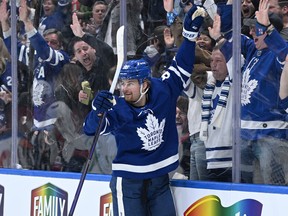 Maple Leafs forward William Nylander celebrates a goal against the Washington Capitals in the second period at Scotiabank Arena on Wednesday night.
