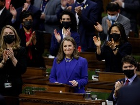 Finance Minister Chrystia Freeland gets standing ovation as she delivers the 2022-23 federal budget in the House of Commons on Parliament Hill in Ottawa, Thursday, April 7, 2022.