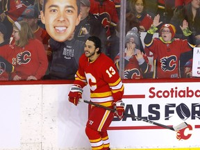 Calgary Flames Johnny Gaudreau during warm up before taking on the Vegas Golden Knights in NHL action at the Scotiabank Saddledome in Calgary on Thursday, April 14, 2022.