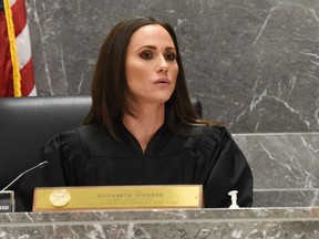 Circuit Judge Elizabeth Scherer calls a delay in a hearing for Florida school shooting suspect Nikolas Cruz in order to find a court reporter, April 27, 2018, in Fort Lauderdale, Florida. (Photo by Taimy Alvarez-Pool/Getty Images)