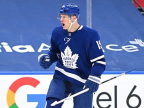 Toronto Maple Leafs forward Jason Spezza (19) celebrates a goal.