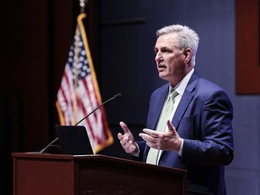 House Minority Leader Kevin McCarthy (R-CA) delivers remarks during the Fourth Congressional Hackathon in the auditorium of the U.S. Capitol Visitor Center on April 6, 2022 in Washington.