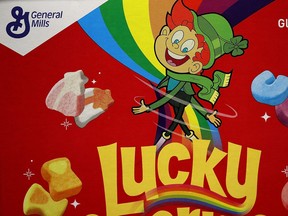A box of General Mills' Lucky Charms is displayed at Scotty's Market on Sept. 20, 2017 in San Rafael, Calif.