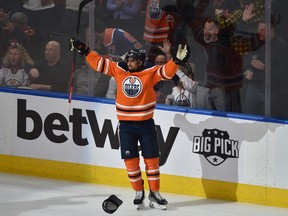 Edmonton Oilers forward Evander Kane (91) celebrates his hat-trick goal against the Colorado Avalanche on the way to a 6-3 win at Rogers Place in Edmonton on Friday, April 22, 2022.