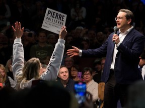 Conservative party leadership candidate Pierre Poilievre speaks to a crowd of supporters at the River Cree Resort and Casino, on the Enoch Cree Nation just west of Edmonton on Thursday, April 14, 2022.