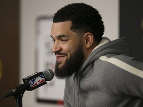 Toronto Raptors guard Fred VanVleet speaks to the media on locker cleanout day.