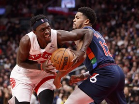 Pascal Siakam of the Toronto Raptors drives against Tobias Harris of the Philadelphia 76ers during Game 6 of the Eastern Conference First Round at Scotiabank Arena on April 28, 2022 in Toronto.