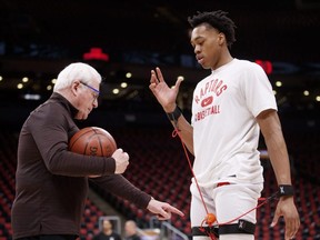 Scottie Barnes of the Raptors warms up ahead of Game Four of the Eastern Conference First Round against the 76ers at Scotiabank Arena in Toronto, Saturday, April 23, 2022.