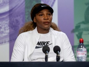 Serena Williams attends a press conference at the All England Lawn Tennis and Croquet Club in London, June 27, 2021.