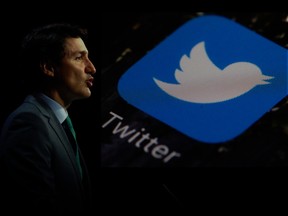Canadian Prime Minister Justin Trudeau and Twitter logo. Toronto Sun photo illustration. Photographty/Canadian Press.