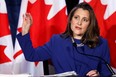 Canada's Finance Minister Chrystia Freeland gestures as she speaks during a news conference before delivering the 2022-23 budget, in Ottawa, Ontario, Canada, on Thursday, April 7, 2022.