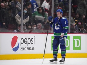 Canucks forward J.T. Miller cuts a lonely figure, watching the Ottawa Senators celebrate their 4-3 shootout win on Tuesday at Rogers Arena, a decision that put the Canucks’ playoff probabilities back in the single digits.