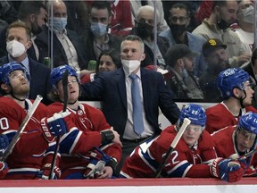 Canadiens head coach Martin St. Louis looks on during the first period against the Winnipeg Jets at the Bell Centre on April 11, 2022.