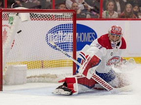 Montreal Canadiens goalie Carey Price (31) was unable to stop a shot from Ottawa Senators left wing Alex Formenton in the second period at the Canadian Tire Centre on April 23, 2022.