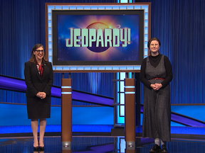 Host Mayim Bialik and Toronto tutor Mattea Roach, who won on Jeopardy! again on Thursday night.