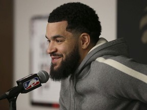 Toronto Raptors guard Fred VanVleet speaks to the media about the injuries that hampered him on their locker clean out day at the OVO Athletic Centre. n Toronto, Ont. on Friday April 29, 2022.