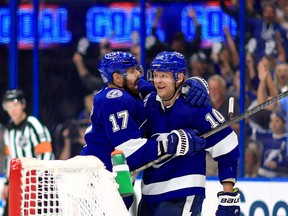 Corey Perry (#10) of the Tampa Bay Lightning celebrates a goal in the second period against the Maple Leafs.