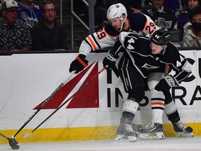 Los Angeles Kings defenceman Mikey Anderson (44) stops Edmonton Oilers centre Leon Draisaitl (29) in Game 4 of the first round of the 2022 Stanley Cup playoffs at Crypto.com Arena on Sunday, May 8, 2022.