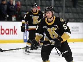 Kingston Frontenacs captain Shane Wright warms up prior to a game.