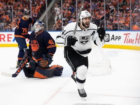 Phillip Danault of the Los Angeles Kings celebrates the game-winning-goal against goaltender Mike Smith #41 of the Edmonton Oilers during the third period in Game 1 of the First Round of the 2022 Stanley Cup Playoffs at Rogers Place on May 2, 2022 in Edmonton, Canada.