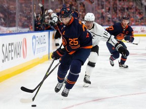 EDMONTON, AB - MAY 04: Darnell Nurse #25 of the Edmonton Oilers skates against Anze Kopitar #11 of the Los Angeles Kings during the first period in Game Two of the First Round of the 2022 Stanley Cup Playoffs at Rogers Place on May 4, 2022 in Edmonton, Canada.