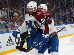 ST LOUIS, MO - MAY 21: (L-R) Nazem Kadri #91 and Nathan MacKinnon #29 of the Colorado Avalanche celebrate Kadri's goal against the St. Louis Blues in the second period during Game Three of the Second Round of the 2022 Stanley Cup Playoffs at Enterprise Center on May 21, 2022 in St Louis, Missouri.