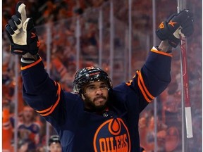 Evander Kane of the Edmonton Oilers celebrates a goal against the Calgary Flames during the second period in Game Three of the Second Round of the 2022 Stanley Cup Playoffs at Rogers Place on May 22, 2022 in Edmonton, Canada.