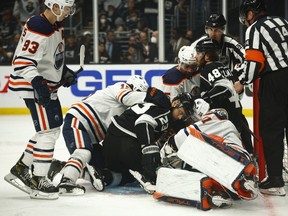 Mike Smith (41) of the Edmonton Oilers makes a save against the Los Angeles Kings in Game 4 of their first-round series of the 2022 Stanley Cup Playoffs at Crypto.com Arena on Sunday, May 08, 2022, in Los Angeles, Calif.