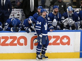 May 14, 2022; Toronto, Ontario, CAN; Toronto Maple Leafs players react after losing to the Tampa Bay Lightning in game seven of the first round of the 2022 Stanley Cup Playoffs at Scotiabank Arena. Mandatory Credit: Dan Hamilton-USA TODAY Sports