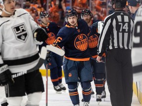 Edmonton Oilers' Kailer Yamamoto (56) celebrates a goal with teammates on L.A. Kings' goaltender Jonathan Quick (32) during second period of NHL playoff action at Rogers Place in Edmonton, on Monday, May 2, 2022. Photo by Ian Kucerak
