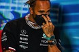 Mercedes' British driver Lewis Hamilton attends the press conference for the first practice at the Miami International Autodrome for the Miami Formula One Grand Prix, in Miami Gardens, Florida, on May 6, 2022.