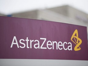 The logo of the German branch of British-Swedish pharmaceutical company AstraZeneca is pictured in Wedel near Hamburg, Germany, March 1, 2021.