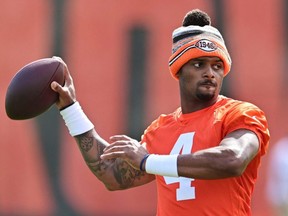 Browns quarterback Deshaun Watson throws a pass during team activities held at the CrossCountry Mortgage Campus in Berea, Ohio on May 25, 2022.