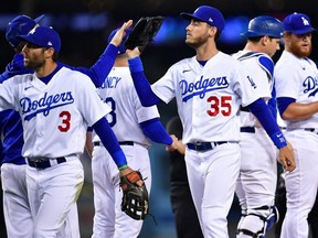 Dodgers centre fielder Cody Bellinger (35) and the Dodgers celebrate a victory against the Giants at Dodger Stadium in Los Angeles, May 3, 2022.