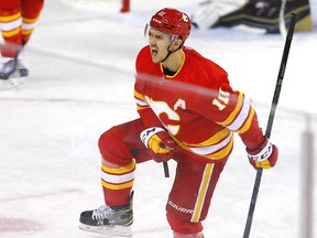 Calgary Flames Mikael Backlund scores on Vegas Golden Knights goalie Robin Lehner in first period NHL action at the Scotiabank Saddledome in Calgary on Wednesday, February 9, 2022.