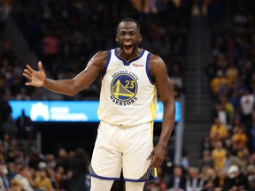 Draymond Green #23 of the Golden State Warriors complains about a call during the first half of Game Four of the Western Conference Semifinals against the Memphis Grizzlies of the NBA Playoffs at Chase Center on May 09, 2022 in San Francisco, California. (Photo by Ezra Shaw/Getty Images)