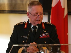 General Jonathan Vance talks to a small crowd at the French Embassy in Ottawa, Nov. 17, 2020.
