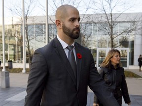 Michael Theriault arrives at the Durham Region Courthouse in Oshawa ahead of Dafonte MIller's testimony, on Nov. 6, 2019.