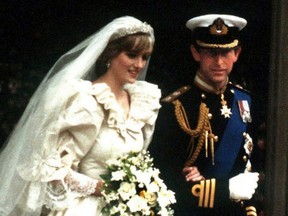 Charles and Diana, the Prince and Princess of Wales, leave St. Paul's Cathedral in London after their wedding, July 29, 1981. Diana can be seen wearing the Spencer family tiara.