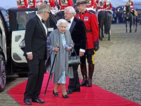 Britain's Queen Elizabeth arrives for the "A Gallop Through History Platinum Jubilee" celebration at the Royal Windsor Horse Show at Windsor Castle in Windsor, England, Sunday, May 15, 2022.