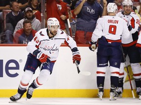 Washington Capitals right wing Tom Wilson celebrates after scoring during the first period against the Florida Panthers in game one of the first round of the 2022 Stanley Cup Playoffs at FLA Live Arena in Sunrise, Fla., May 3, 2022.