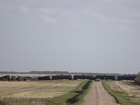 Crews respond to a train derailment on May 26, 2022 near Edgeley, Sask.